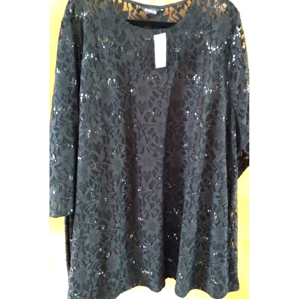 Womans Plus YOURS Black Lace & Sequines Party Holiday Lined Top Blouse sz 30/32